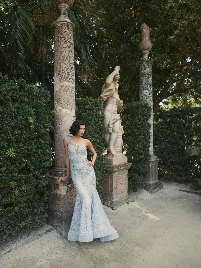 Women Evening Gowns Mac Duggal Embroidered Applique Feathered One Shoulder Trumpet Gown Crystal Blue