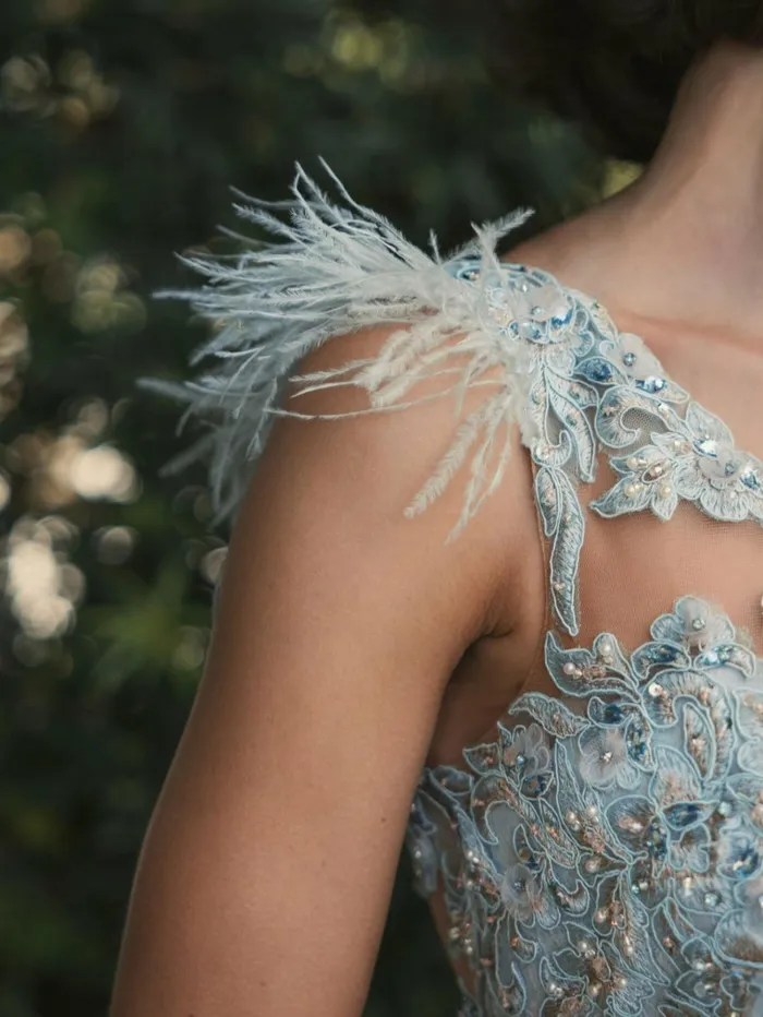 Women Evening Gowns Mac Duggal Embroidered Applique Feathered One Shoulder Trumpet Gown Crystal Blue