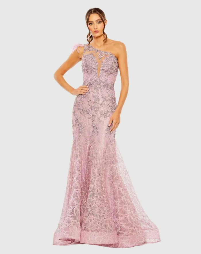 Women Evening Gowns Mac Duggal Embroidered Applique Feathered One Shoulder Trumpet Gown Crystal Blue