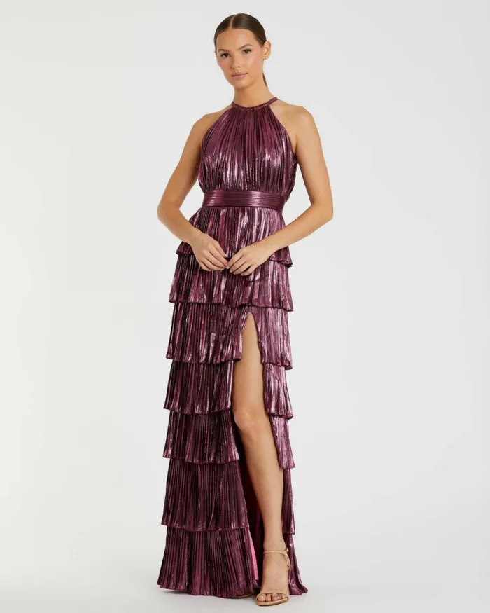 Women Evening Gowns Mac Duggal High Neck Heat Pleated Tiered Ruffle Metallic Dress Rose Women Evening Gowns Mac Duggal High Neck Heat Pleated Tiered Ruffle Metallic Dress Rose