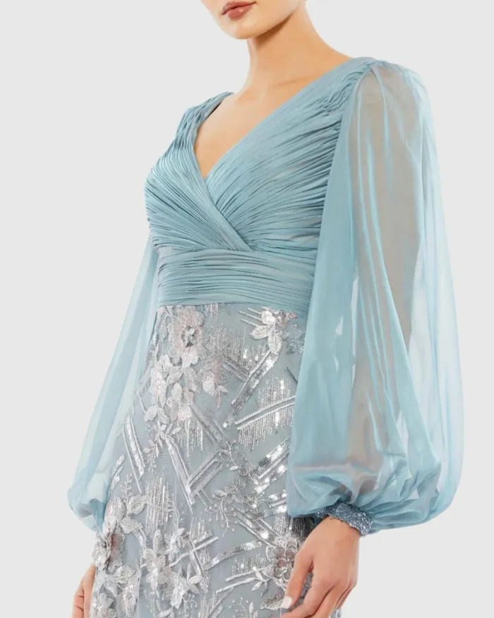 Women Evening Gowns Mac Duggal Illusion Puff Sleeve Pleated Bodice Embellished Gown Slate Blue Women Evening Gowns Mac Duggal Illusion Puff Sleeve Pleated Bodice Embellished Gown Slate Blue