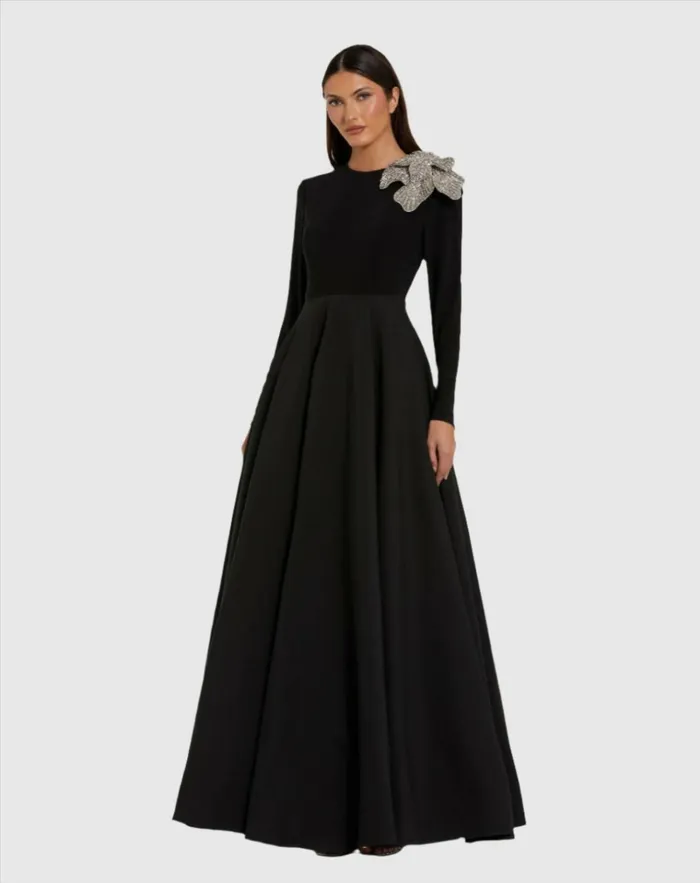 Women Evening Gowns Mac Duggal Long Sleeve Taffeta 3D Flower Ball Gown Black