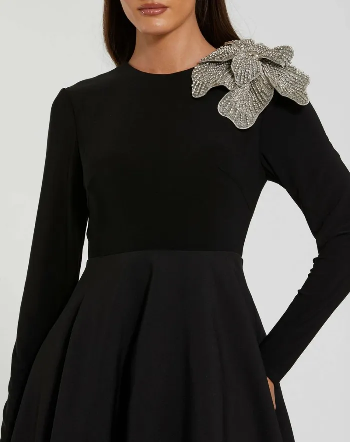 Women Evening Gowns Mac Duggal Long Sleeve Taffeta 3D Flower Ball Gown Black
