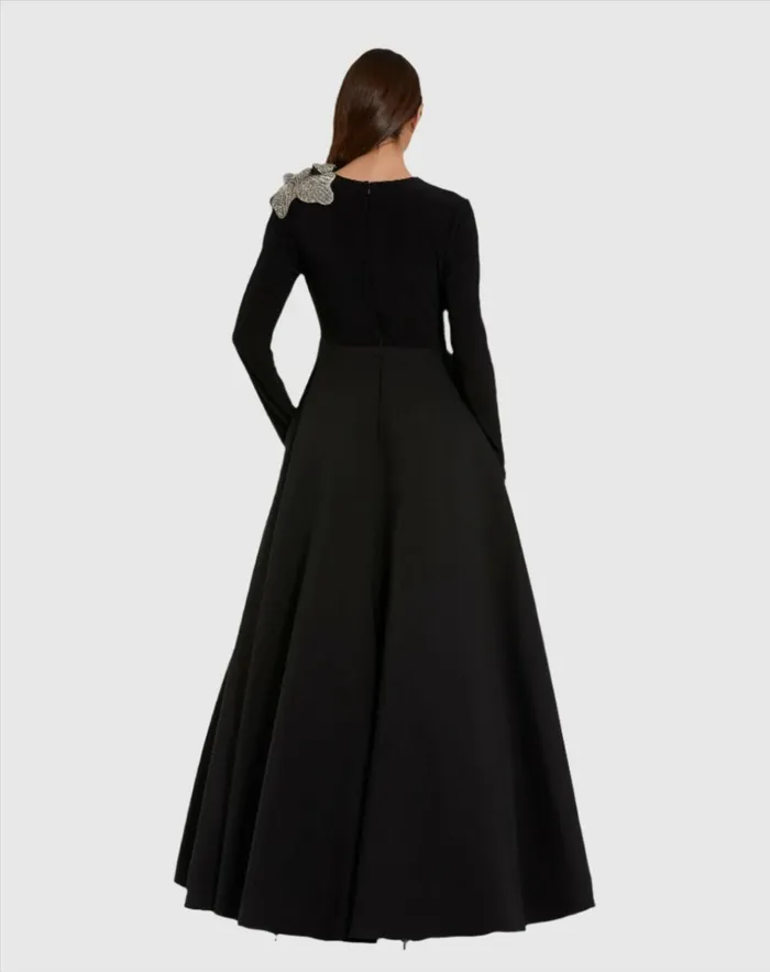 Women Evening Gowns Mac Duggal Long Sleeve Taffeta 3D Flower Ball Gown Black