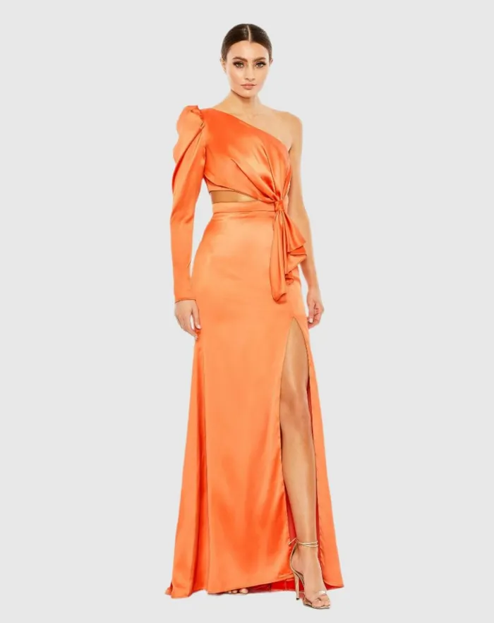Women Evening Gowns Mac Duggal Orange Puff One Sleeve Cut Out Side Knot Gown Tangerine