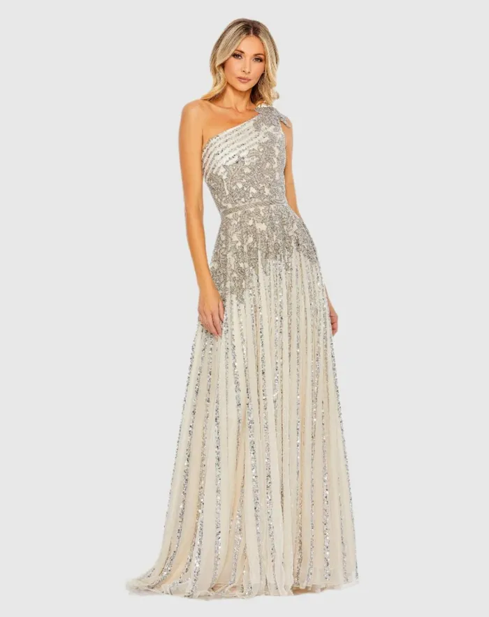 Women Evening Gowns Mac Duggal Silver Beaded Embellished One Shoulder A Line Gown Silver Nude Women Evening Gowns Mac Duggal Silver Beaded Embellished One Shoulder A Line Gown Silver Nude