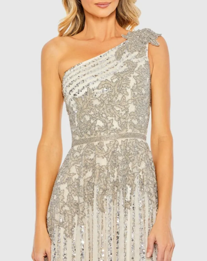 Women Evening Gowns Mac Duggal Silver Beaded Embellished One Shoulder A Line Gown Silver Nude