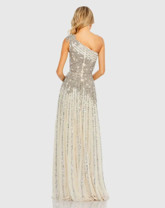Women Evening Gowns Mac Duggal Silver Beaded Embellished One Shoulder A Line Gown Silver Nude
