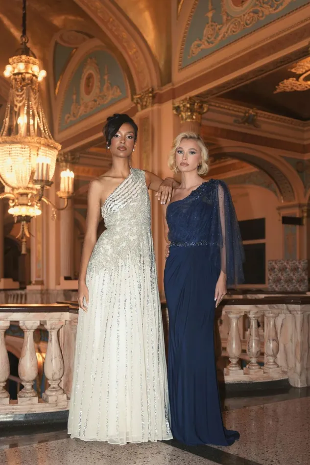 Women Evening Gowns Mac Duggal Silver Beaded Embellished One Shoulder A Line Gown Silver Nude