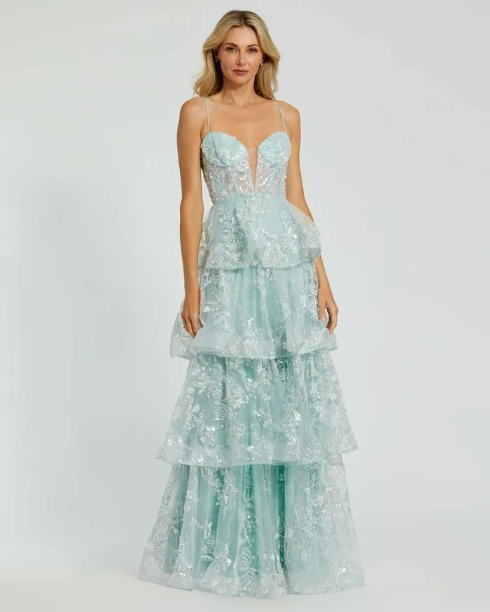 Women Evening Gowns Mac Duggal Spaghetti Strap Applique Tiered Ruffle Gown Mint