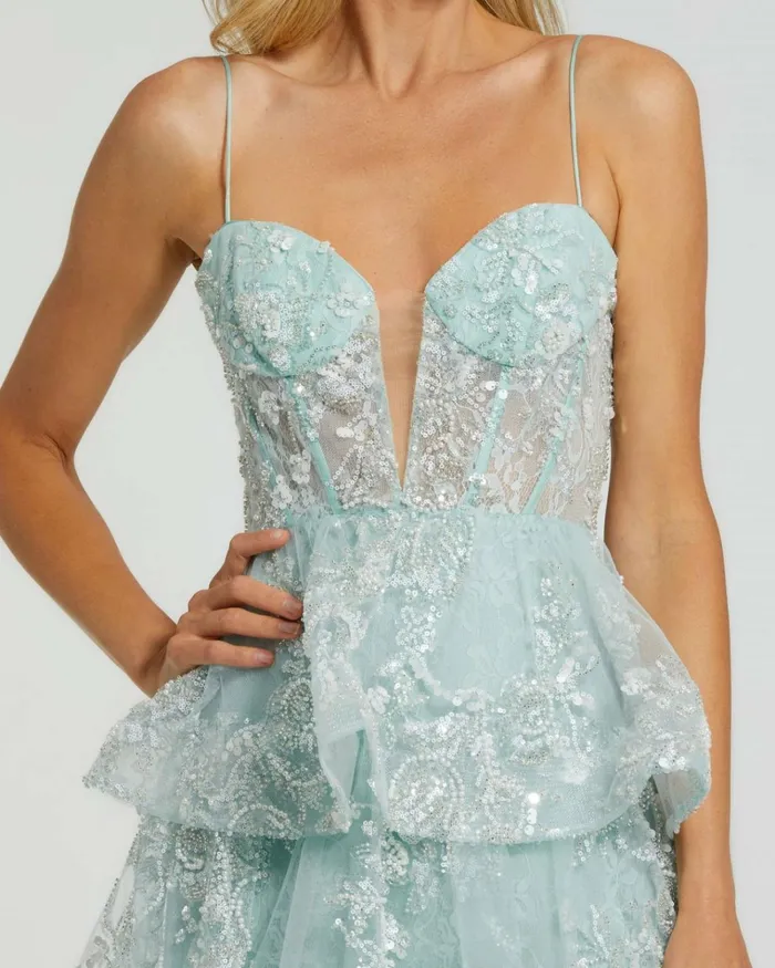 Women Evening Gowns Mac Duggal Spaghetti Strap Applique Tiered Ruffle Gown Mint