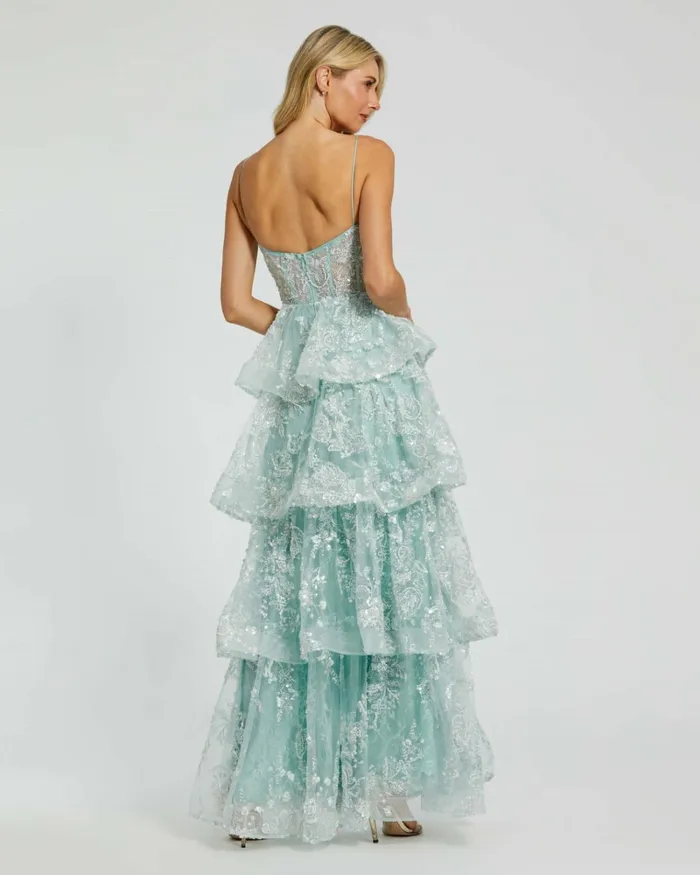 Women Evening Gowns Mac Duggal Spaghetti Strap Applique Tiered Ruffle Gown Mint