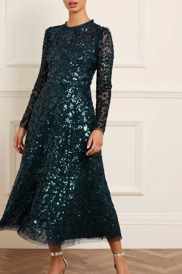 Women Exclusives Needle and Thread Aurelia Long Sleeve Ballerina Dress Green