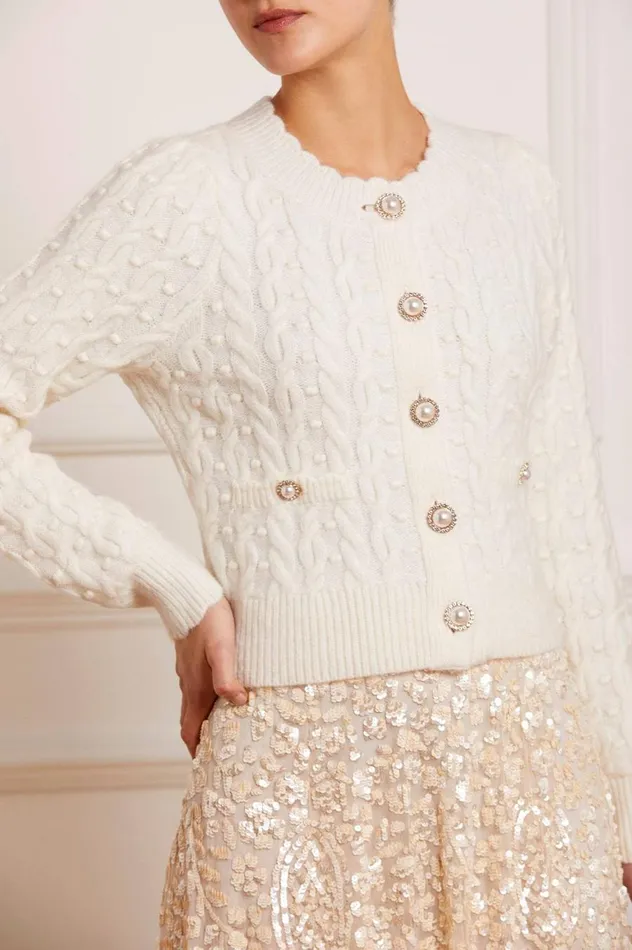 Women Exclusives Needle and Thread Cable Bobble Short Cardigan Champagne