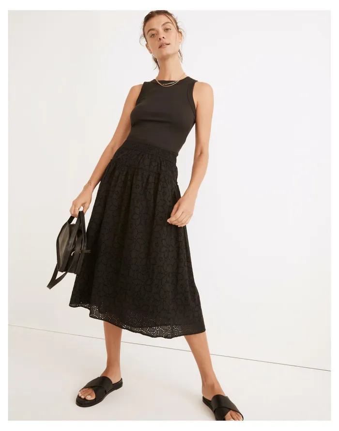 Women Eyelet Pull On Midi Skirt True Black Madewell Skirts