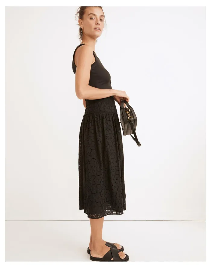 Women Eyelet Pull On Midi Skirt True Black Madewell Skirts Women Eyelet Pull On Midi Skirt True Black Madewell Skirts