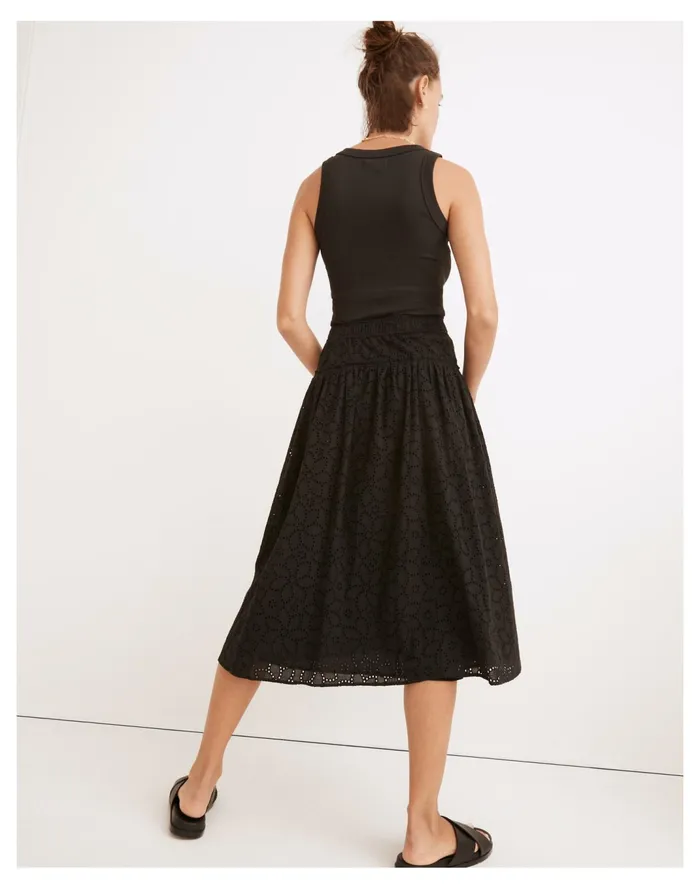 Women Eyelet Pull On Midi Skirt True Black Madewell Skirts Women Eyelet Pull On Midi Skirt True Black Madewell Skirts