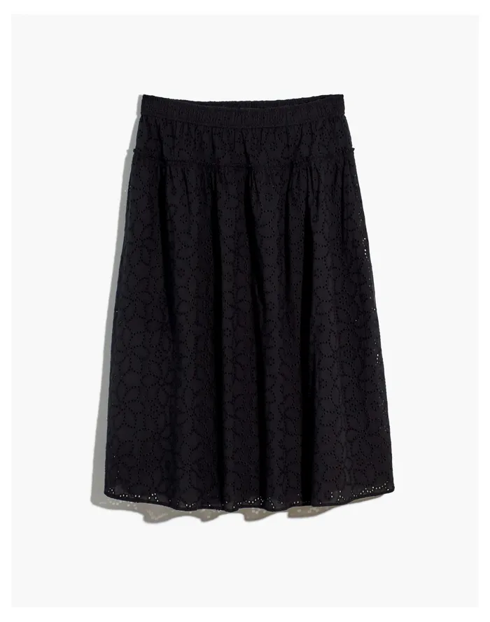 Women Eyelet Pull On Midi Skirt True Black Madewell Skirts Women Eyelet Pull On Midi Skirt True Black Madewell Skirts
