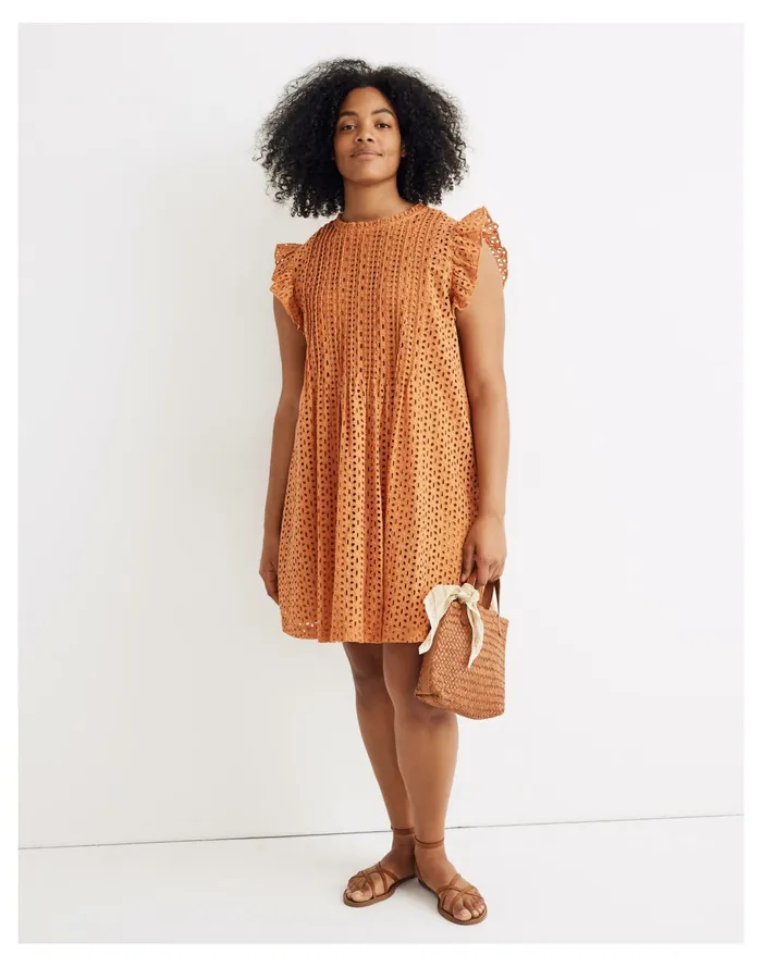 Women Eyelet Ruffle Sleeve Pintuck Mini Dress Mulled Cider Madewell Dresses