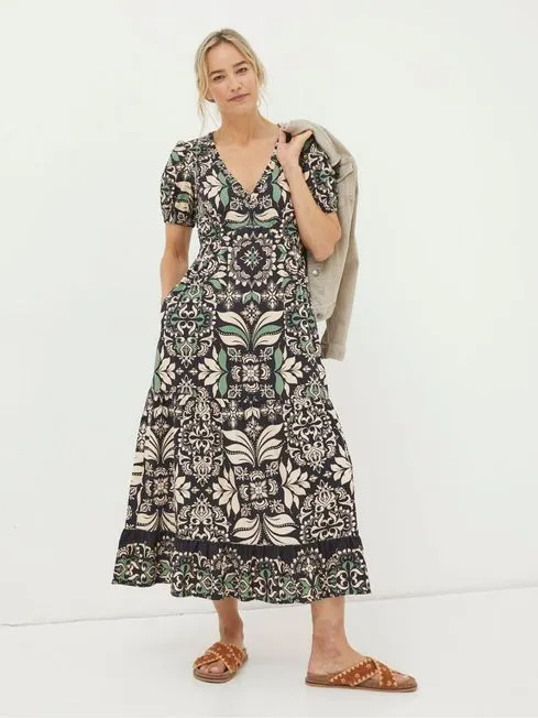 Women Fatface Dresses Black Priya Mosaic Leaf Midi Dress