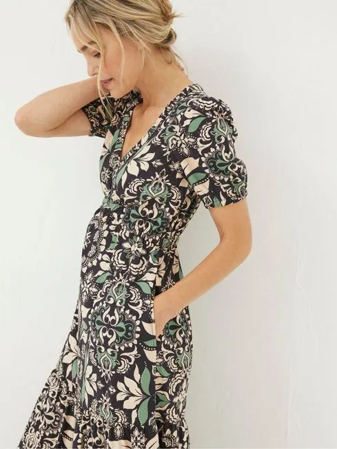 Women Fatface Dresses Black Priya Mosaic Leaf Midi Dress Women Fatface Dresses Black Priya Mosaic Leaf Midi Dress