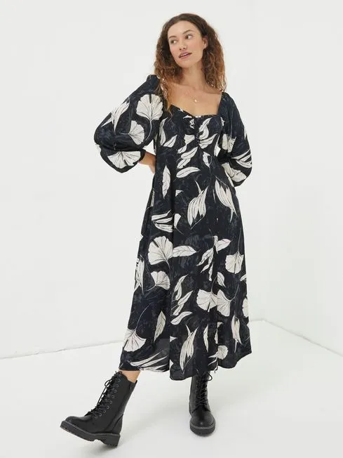 Women Fatface Dresses Black Tessa Twilight Leaves Midi Dress