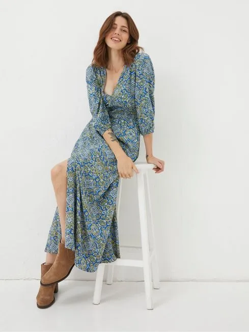 Women Fatface Dresses Blue Rene Aztec Texture Midi Dress