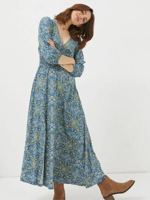Women Fatface Dresses Blue Rene Aztec Texture Midi Dress Women Fatface Dresses Blue Rene Aztec Texture Midi Dress
