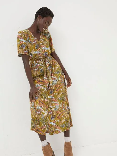 Women Fatface Dresses Green Paisley Midi Tea Dress