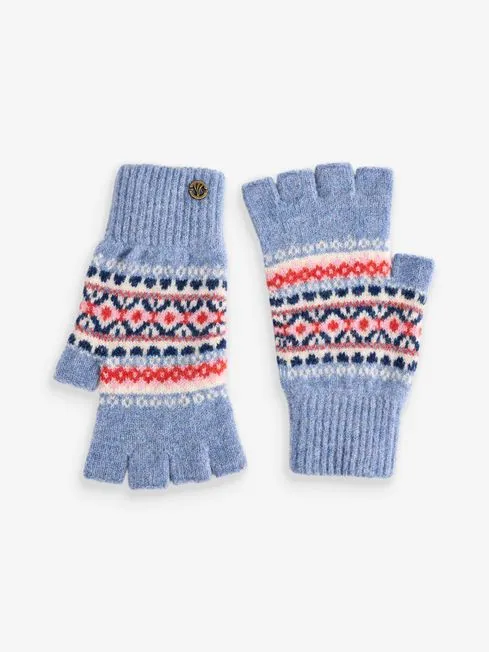 Women Fatface Gloves Blue Lambswool Fairisle Fingerless Gloves