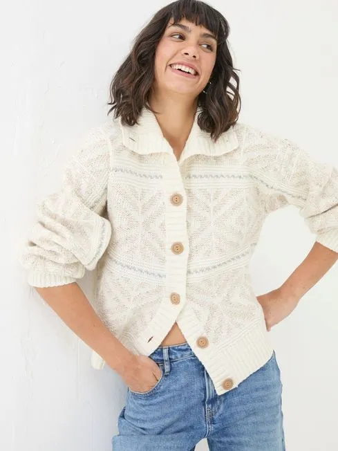 Women Fatface Knitwear Ivory Haisley Pattern Cardigan