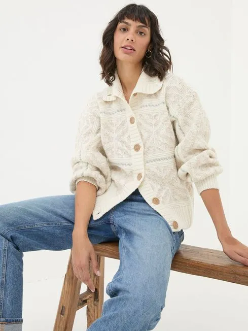Women Fatface Knitwear Ivory Haisley Pattern Cardigan