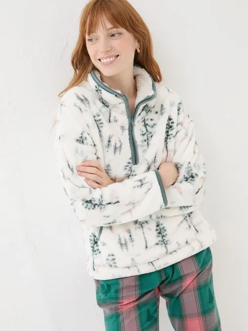Women Fatface Loungewear Christmas Snuggle Ivory Half Zip Fleece