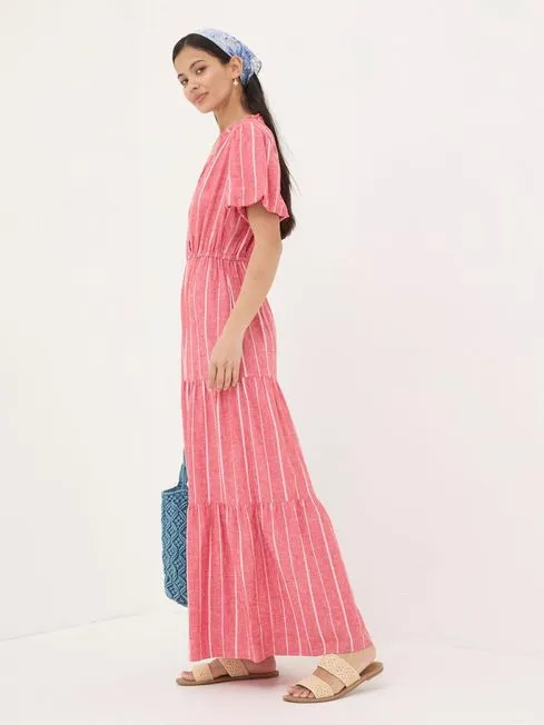 Women Fatface Maxi Dresses Aubrey Red Stripe Linen Blend Maxi Dress