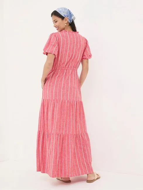 Women Fatface Maxi Dresses Aubrey Red Stripe Linen Blend Maxi Dress