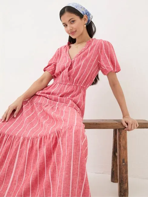 Women Fatface Maxi Dresses Aubrey Red Stripe Linen Blend Maxi Dress