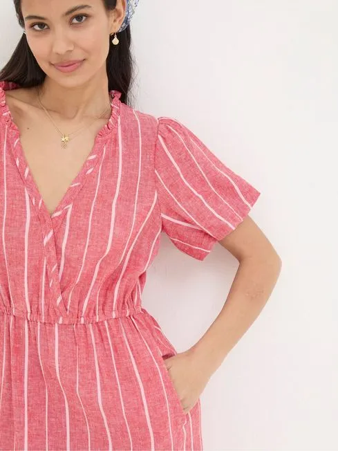 Women Fatface Maxi Dresses Aubrey Red Stripe Linen Blend Maxi Dress