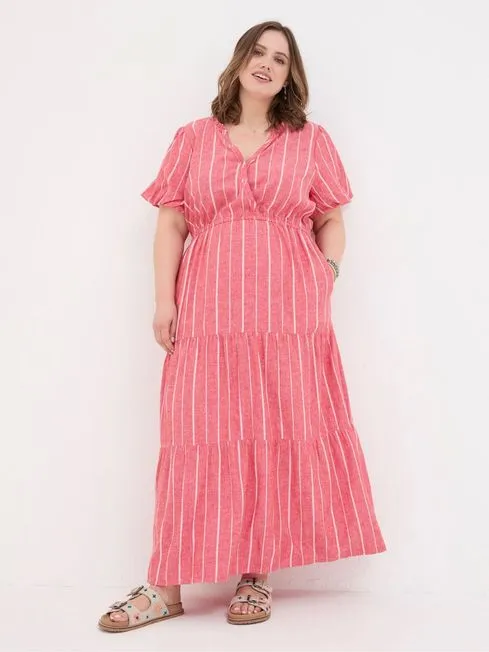 Women Fatface Maxi Dresses Aubrey Red Stripe Linen Blend Maxi Dress
