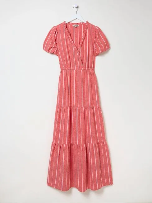 Women Fatface Maxi Dresses Aubrey Red Stripe Linen Blend Maxi Dress