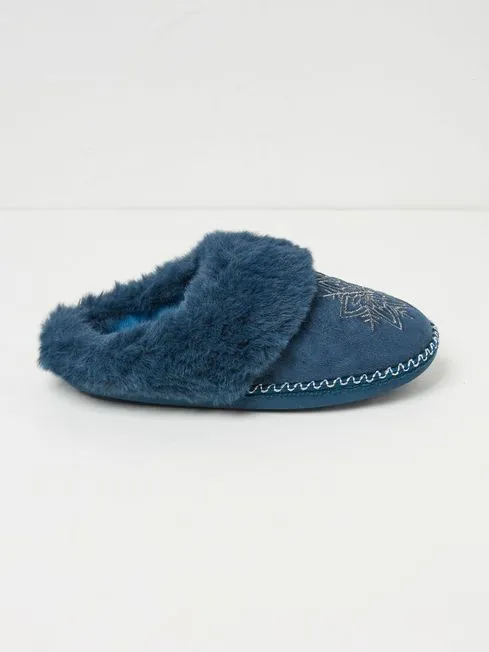 Women Fatface Pajamas and Nightwear Maia Dark Teal Blue Snowflake Mules