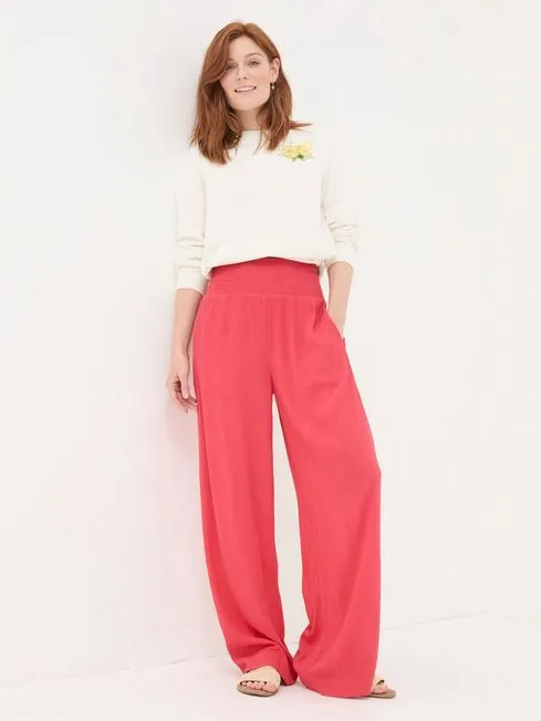 Women Fatface Pants and Leggings Red Shirred Wide Leg Palazzo Trousers