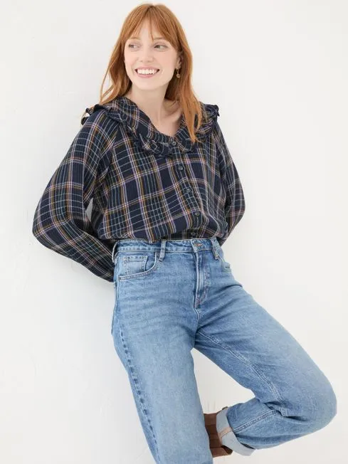 Women Fatface Shirts and Blouses Navy 100 Cotton Nina Ruffle Blouse