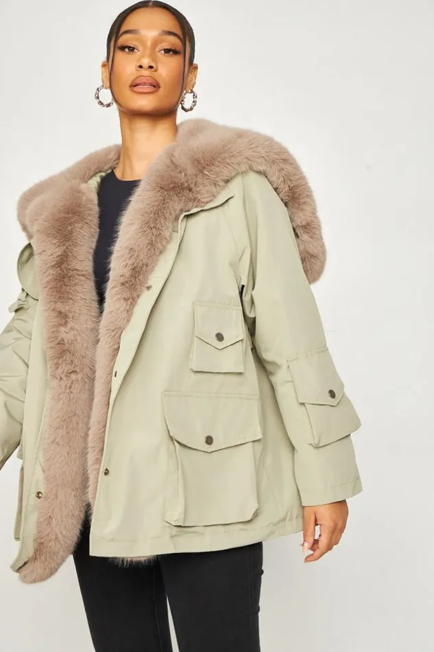 Women Faux Fur Lined Parka Jacket With Faux Fur Collar In Green Green Brentiny Paris Parkas And Down Jackets