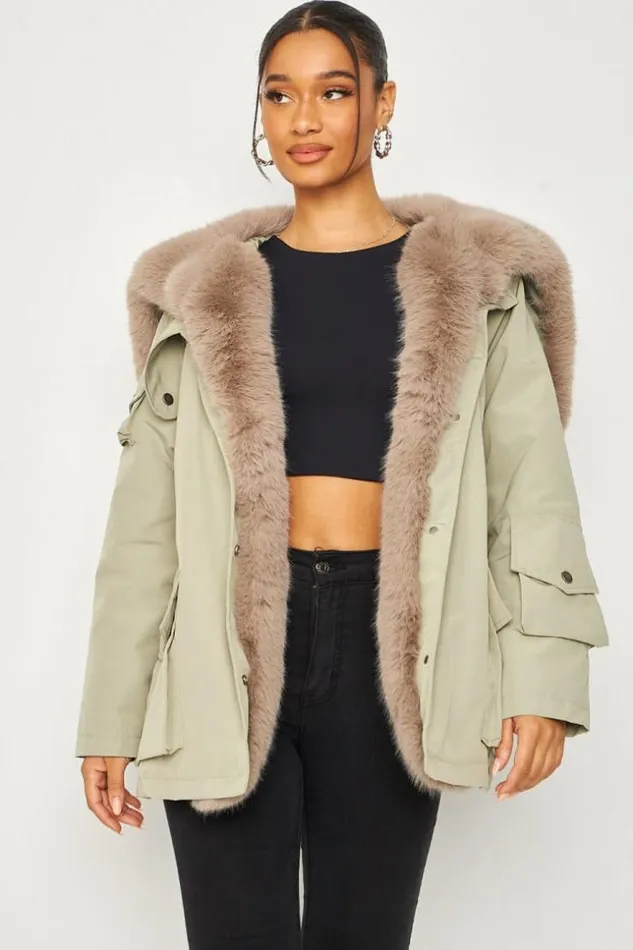 Women Faux Fur Lined Parka Jacket With Faux Fur Collar In Green Green Brentiny Paris Parkas And Down Jackets