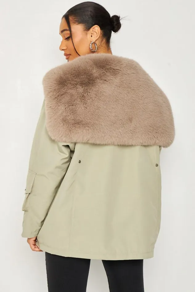 Women Faux Fur Lined Parka Jacket With Faux Fur Collar In Green Green Brentiny Paris Parkas And Down Jackets