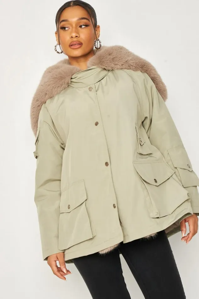 Women Faux Fur Lined Parka Jacket With Faux Fur Collar In Green Green Brentiny Paris Parkas And Down Jackets