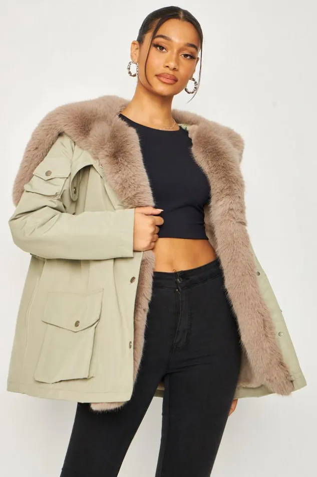 Women Faux Fur Lined Parka Jacket With Faux Fur Collar In Green Green Brentiny Paris Parkas And Down Jackets