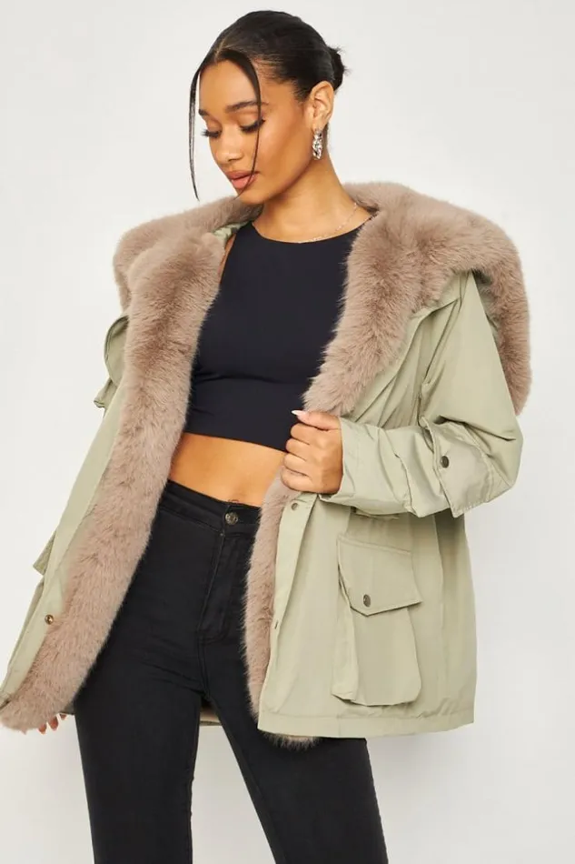 Women Faux Fur Lined Parka Jacket With Faux Fur Collar In Green Green Brentiny Paris Parkas And Down Jackets