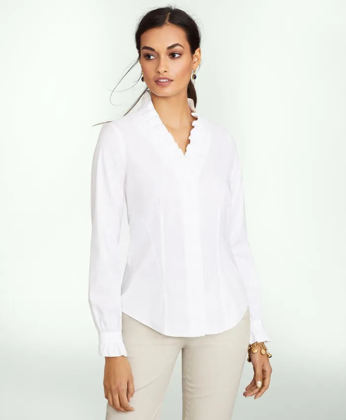 Women Fitted NonIron Stretch Supima Cotton Ruffle Dress Shirt White Brooks Brothers Blouses and Shirts Women Fitted NonIron Stretch Supima Cotton Ruffle Dress Shirt White Brooks Brothers Blouses and Shirts