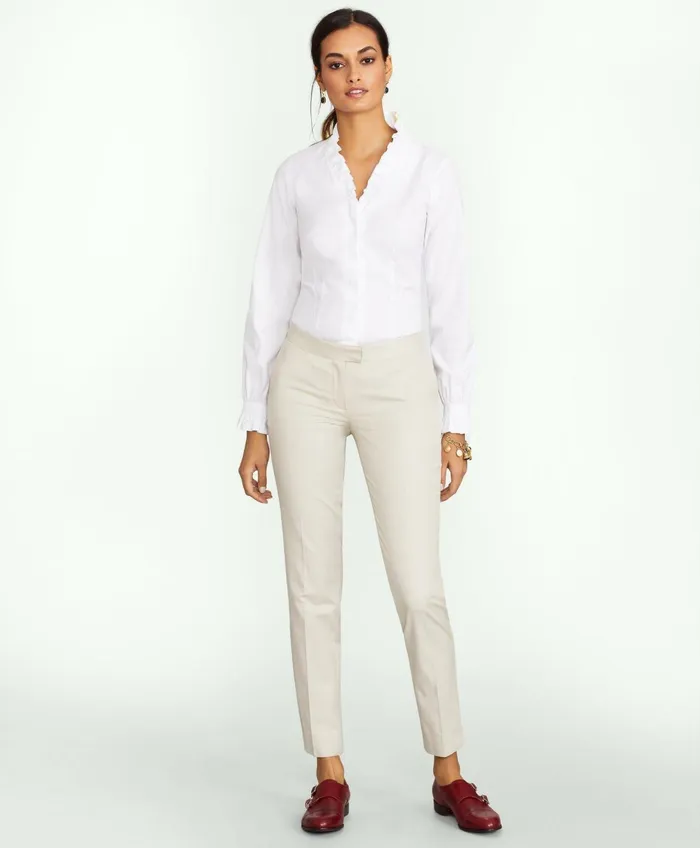 Women Fitted NonIron Stretch Supima Cotton Ruffle Dress Shirt White Brooks Brothers Blouses and Shirts